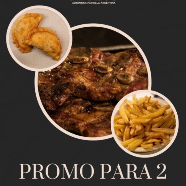 Promo para 2 persona 2 empanadas fritas de carne y una porción de asado con guarnición